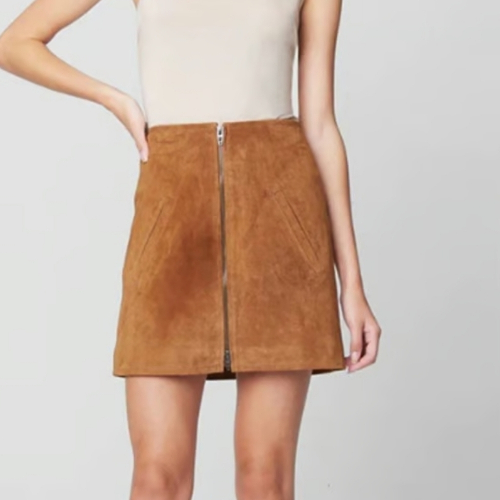 BlankNYC Alder Suede Leather Zip Front Pocketed Mini Skirt in Tan | 25